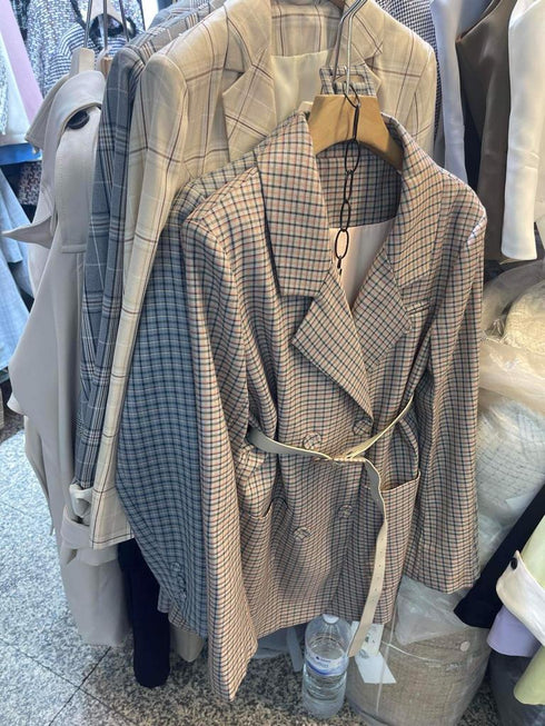 Checker Double Breasted Blazer With Belt